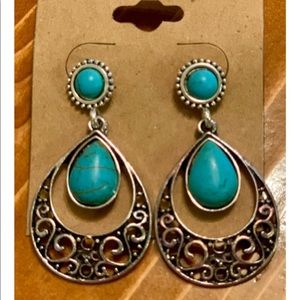 Silvertone Turquoise Teardrop Earrings